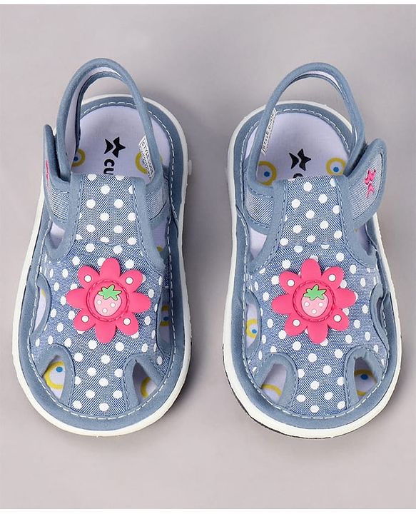 Cute Walk by Babyhug Sandals with Polka Dot Print & Floral Applique - Blue