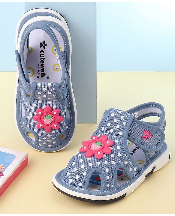 Cute Walk by Babyhug Sandals with Polka Dot Print & Floral Applique - Blue