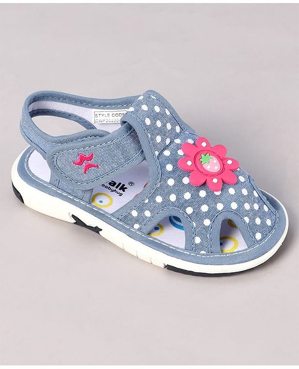 Cute Walk by Babyhug Sandals with Polka Dot Print & Floral Applique - Blue