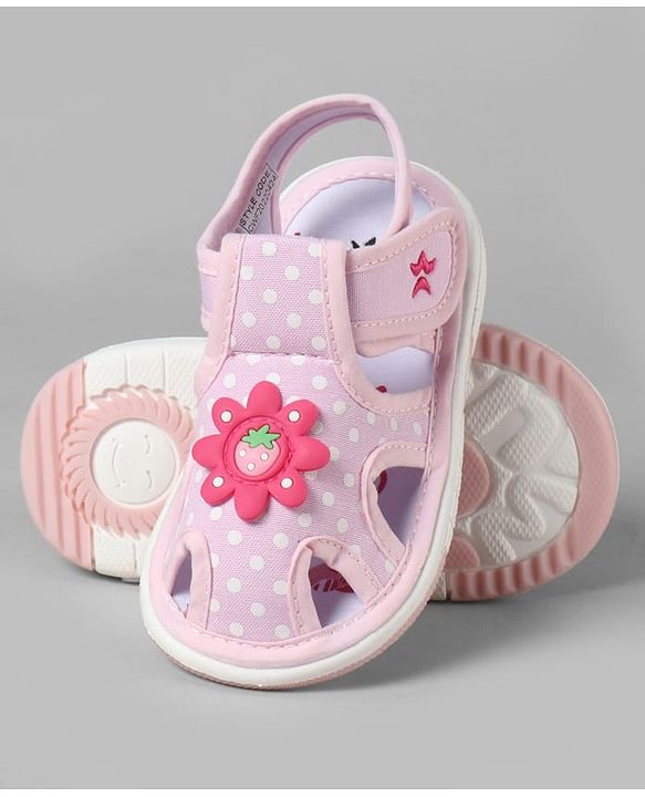 Cute Walk by Babyhug Sandals with Polka Dot Print & Floral Applique - Blue