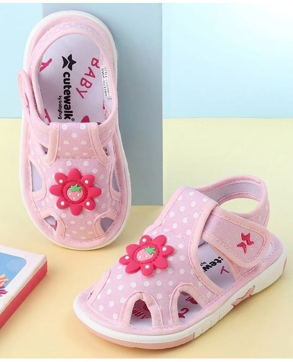 Cute Walk by Babyhug Sandals with Polka Dot Print & Floral Applique - Blue