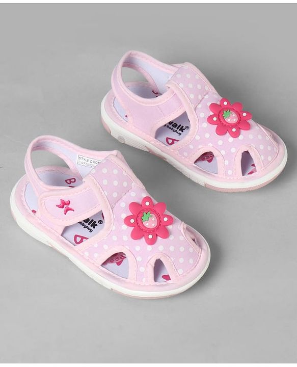 Cute Walk by Babyhug Sandals with Polka Dot Print & Floral Applique - Blue