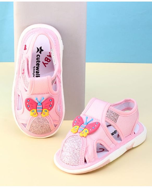 Cute Walk by Babyhug Velcro Closure Sandal With Glitter & Butterfly Applique - Pink