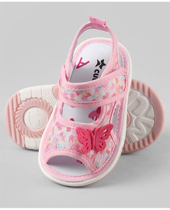 Cute Walk by Babyhug Velcro Closure Printed Sandal With Butterfly Applique - Pink