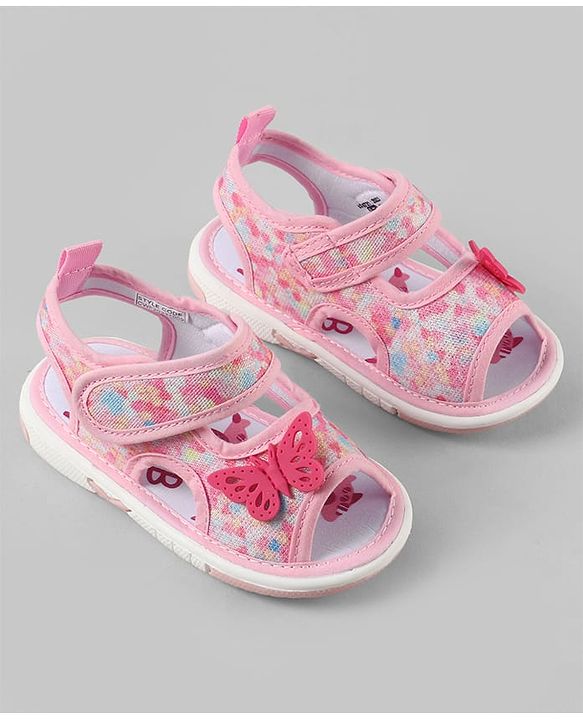 Cute Walk by Babyhug Velcro Closure Printed Sandal With Butterfly Applique - Pink