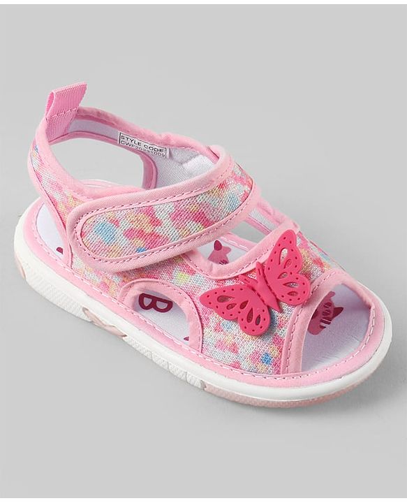 Cute Walk by Babyhug Velcro Closure Printed Sandal With Butterfly Applique - Pink