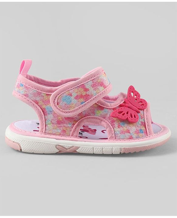 Cute Walk by Babyhug Velcro Closure Printed Sandal With Butterfly Applique - Pink