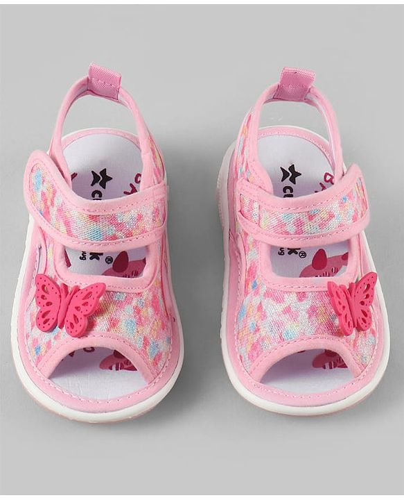 Cute Walk by Babyhug Velcro Closure Printed Sandal With Butterfly Applique - Pink