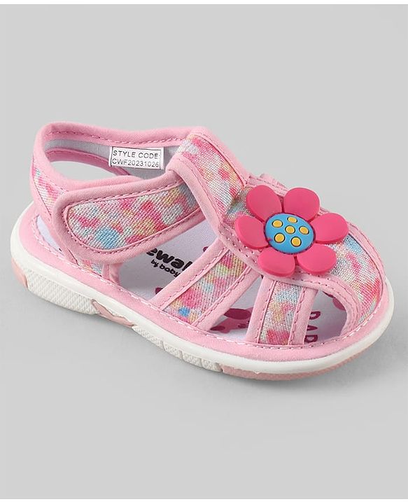 Cute Walk by Babyhug Velcro Closure Printed Sandal With Floral Applique - Pink