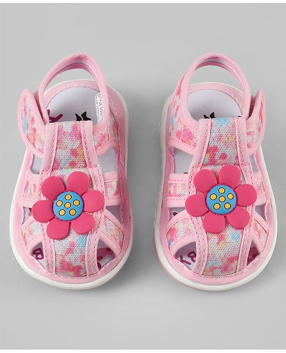 Cute Walk by Babyhug Velcro Closure Printed Sandal With Floral Applique - Pink