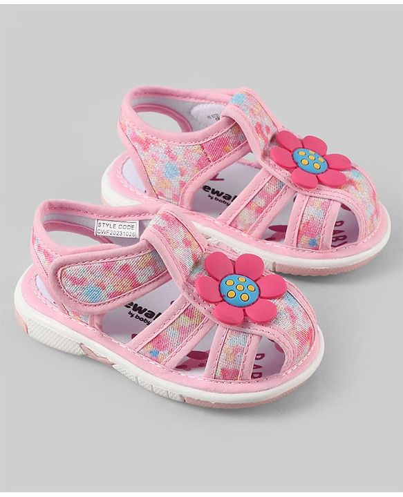 Cute Walk by Babyhug Velcro Closure Printed Sandal With Floral Applique - Pink