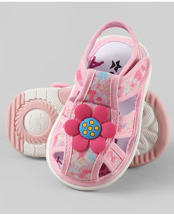 Cute Walk by Babyhug Velcro Closure Printed Sandal With Floral Applique - Pink