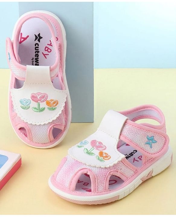 Cute Walk by Babyhug Velcro Closure Sandals With Floral Embroidery - Pink