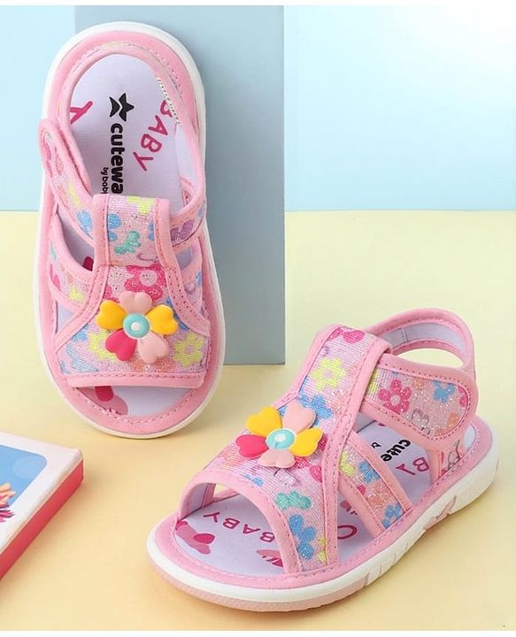 Cute Walk by Babyhug Velcro Closure Sandals With Floral Print & Applique - Pink