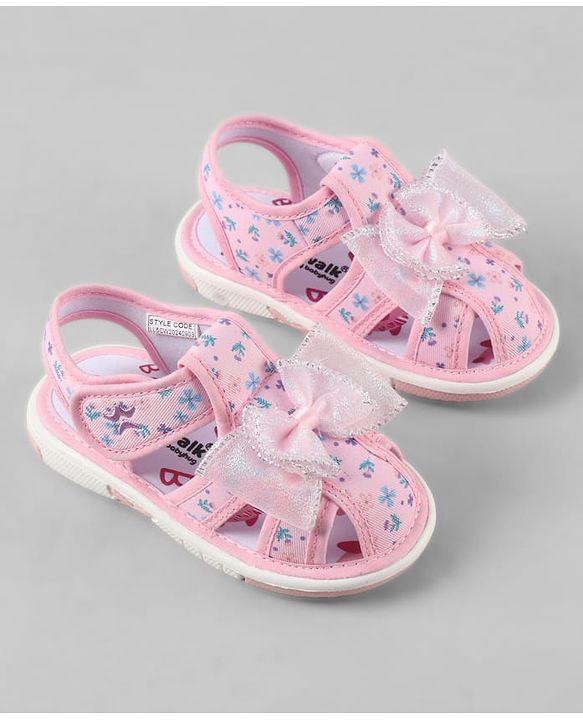 Cute Walk by Babyhug Velcro Closure Floral Printed Sandal With Bow Applique - Pink