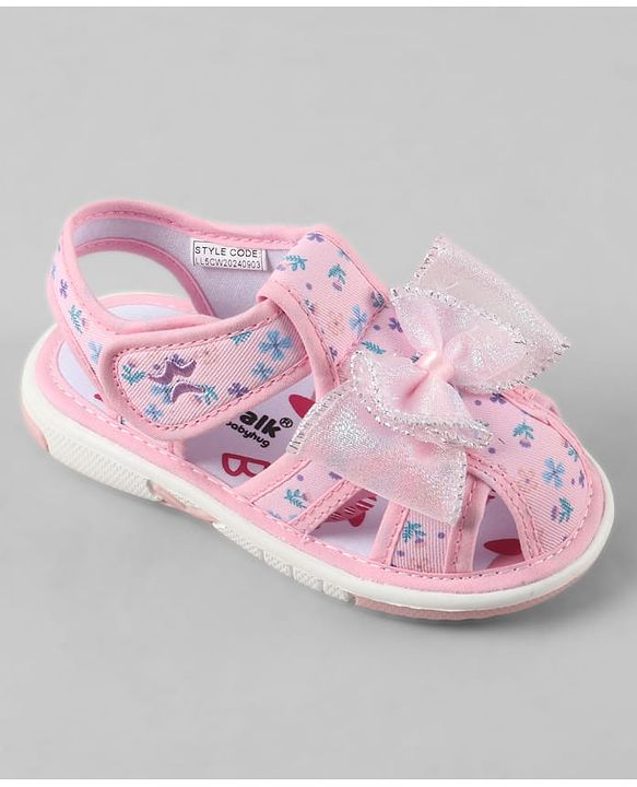Cute Walk by Babyhug Velcro Closure Floral Printed Sandal With Bow Applique - Pink