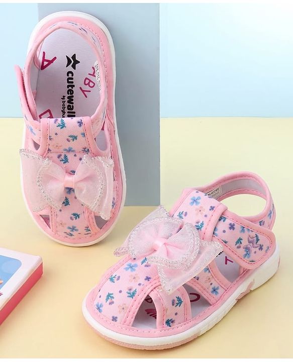 Cute Walk by Babyhug Velcro Closure Floral Printed Sandal With Bow Applique - Pink