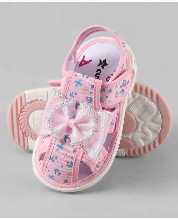 Cute Walk by Babyhug Velcro Closure Floral Printed Sandal With Bow Applique - Pink