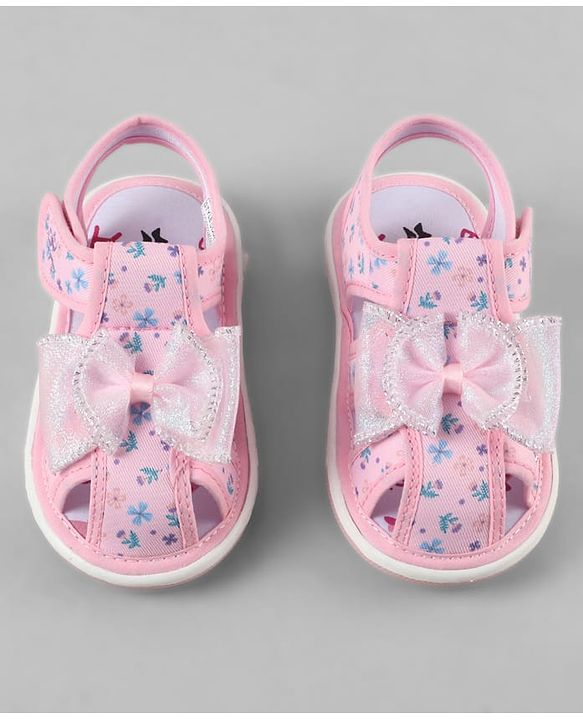 Cute Walk by Babyhug Velcro Closure Floral Printed Sandal With Bow Applique - Pink