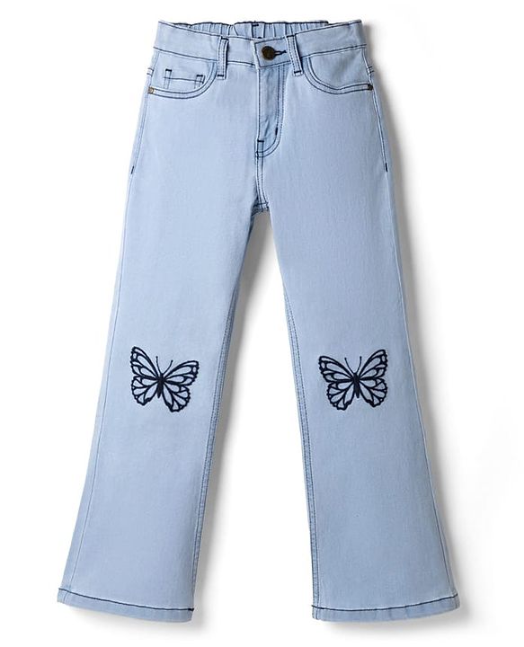 Pine Kids Denim Woven Full Length Butterfly Embroidered Washed Jeans - Blue