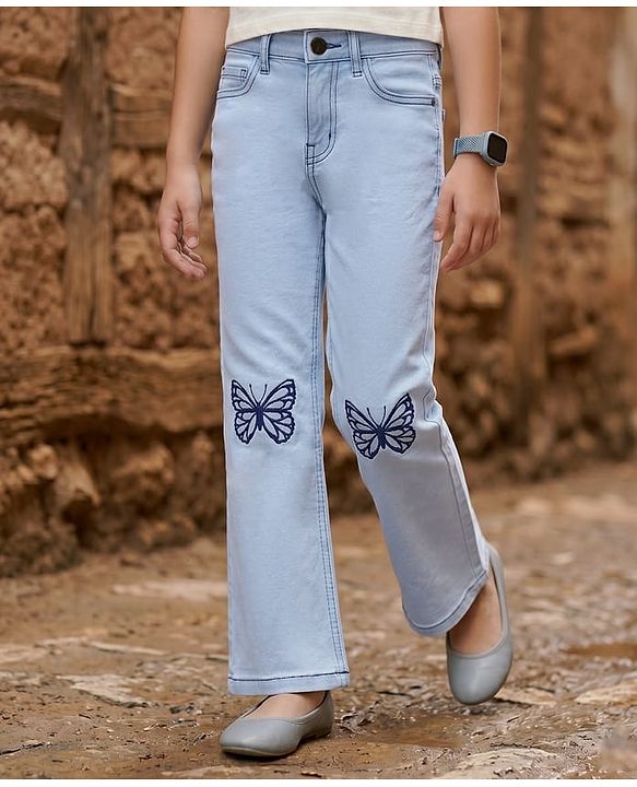 Pine Kids Denim Woven Full Length Butterfly Embroidered Washed Jeans - Blue