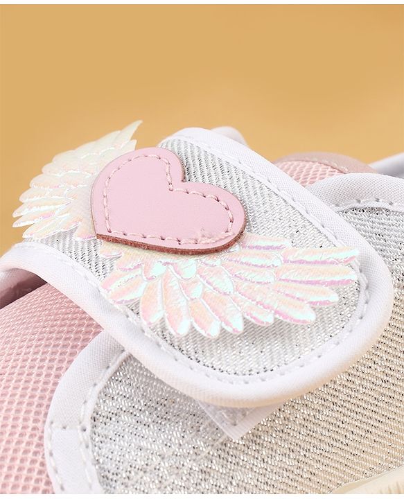 Cute Walk by Babyhug Velcro Closure Casual Shoes With Heart & Wings Applique- Pink