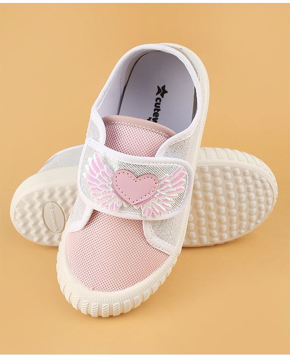 Cute Walk by Babyhug Velcro Closure Casual Shoes With Heart & Wings Applique- Pink