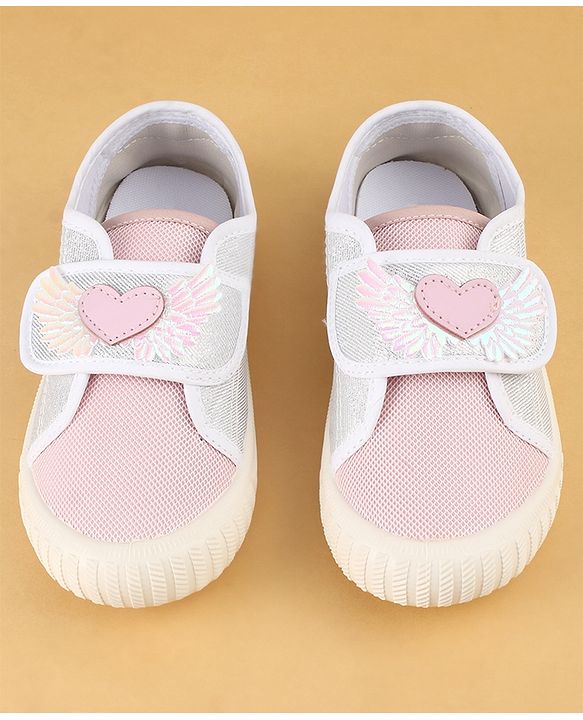 Cute Walk by Babyhug Velcro Closure Casual Shoes With Heart & Wings Applique- Pink