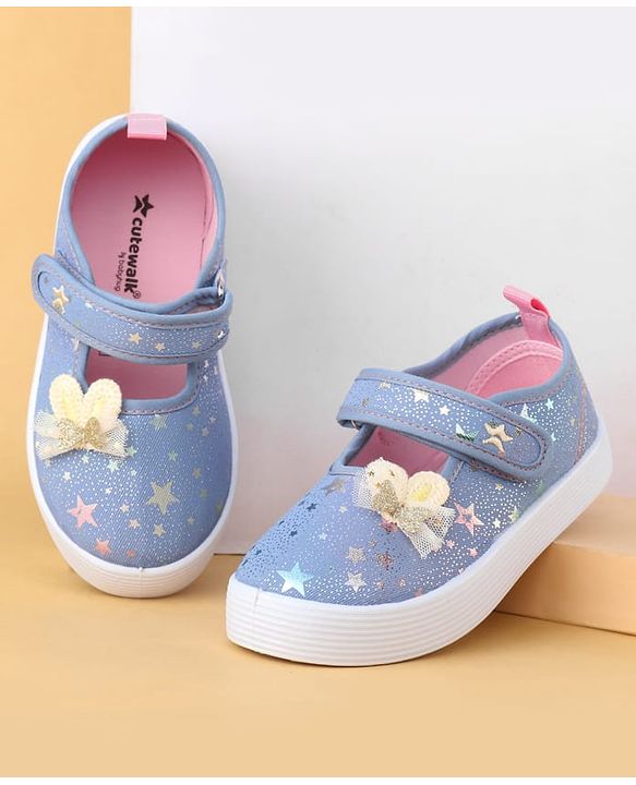 Cute Walk by Babyhug Velcro Closure Casual Shoes with Star Print & Bow Applique - Blue