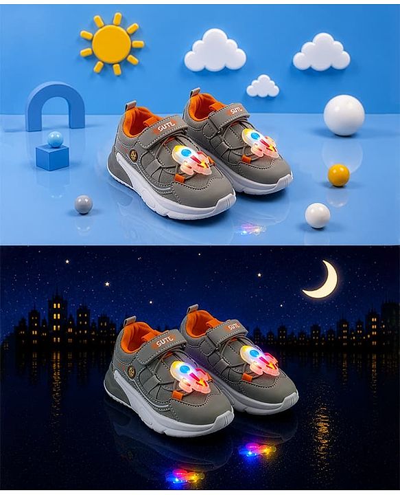Cute Walk by Babyhug Velcro Closure Sneaker With Space Rocket Applique - Grey