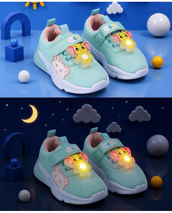 Cute Walk by Babyhug Velcro Closure Sneakers With Elephant Applique & LED - Light Green
