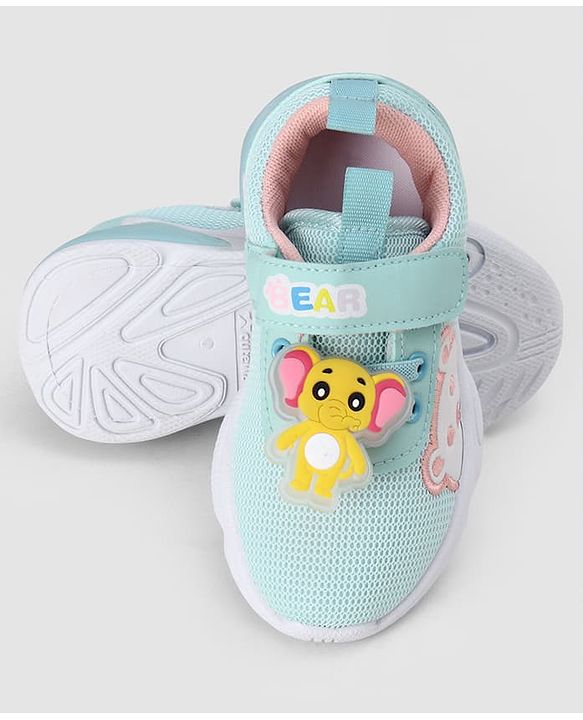 Cute Walk by Babyhug Velcro Closure Sneakers With Elephant Applique & LED - Light Green