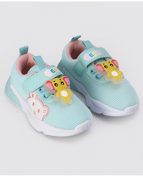 Cute Walk by Babyhug Velcro Closure Sneakers With Elephant Applique & LED - Light Green