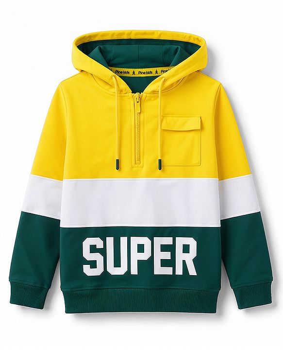 Pine Kids 100% Cotton Knit Full Sleeves Hooded Sweatshirt With Super Print - Yellow