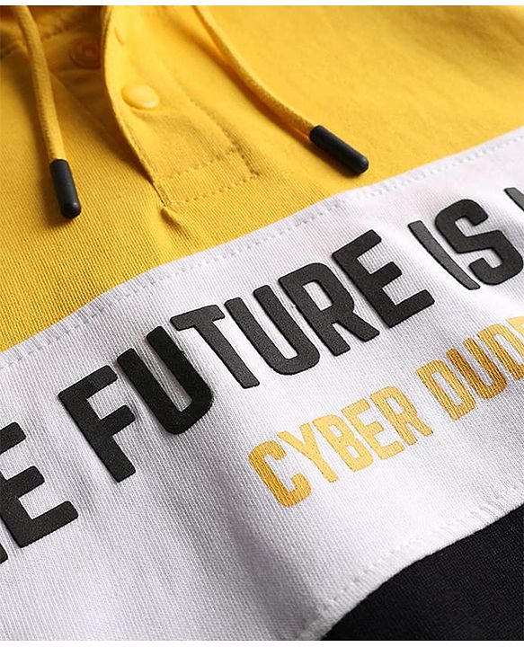 Pine Kids 100% Cotton Knit Full Sleeves Text Printed Hooded Sweatshirt - Yellow Black & White