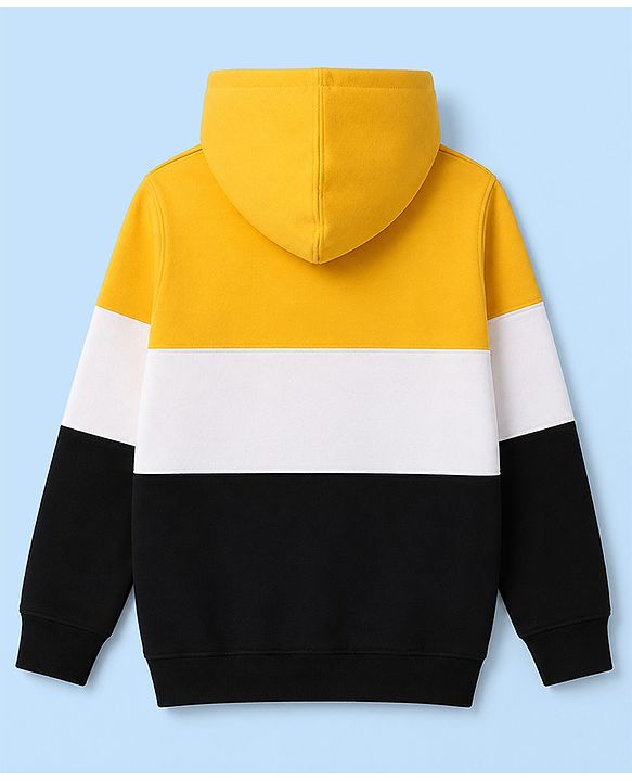 Pine Kids 100% Cotton Knit Full Sleeves Text Printed Hooded Sweatshirt - Yellow Black & White