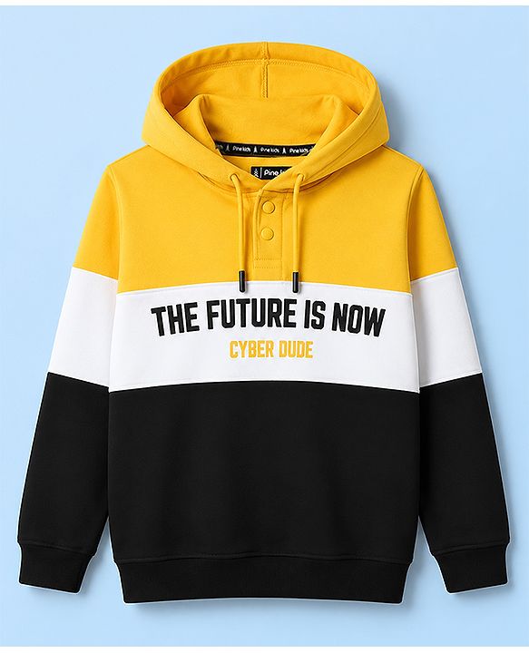 Pine Kids 100% Cotton Knit Full Sleeves Text Printed Hooded Sweatshirt - Yellow Black & White