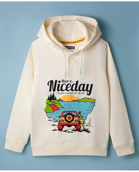 Pine Kids Cotton Knit Sweatshirt Hooded Neck Graphic Print Offwhite 4-5 Years