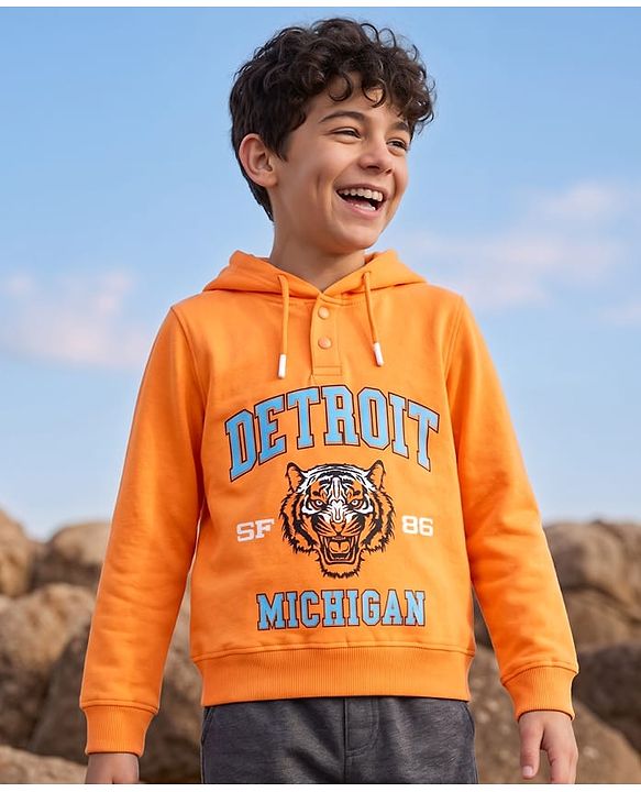 Pine Kids Cotton Knit Full Sleeves Hooded Sweatshirt With Tiger Print - Orange