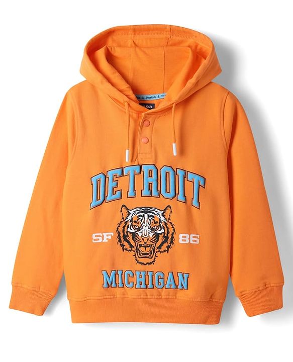 Pine Kids Cotton Knit Full Sleeves Hooded Sweatshirt With Tiger Print - Orange