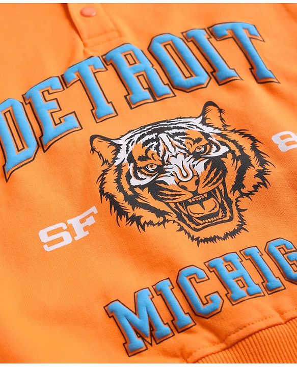 Pine Kids Cotton Knit Full Sleeves Hooded Sweatshirt With Tiger Print - Orange