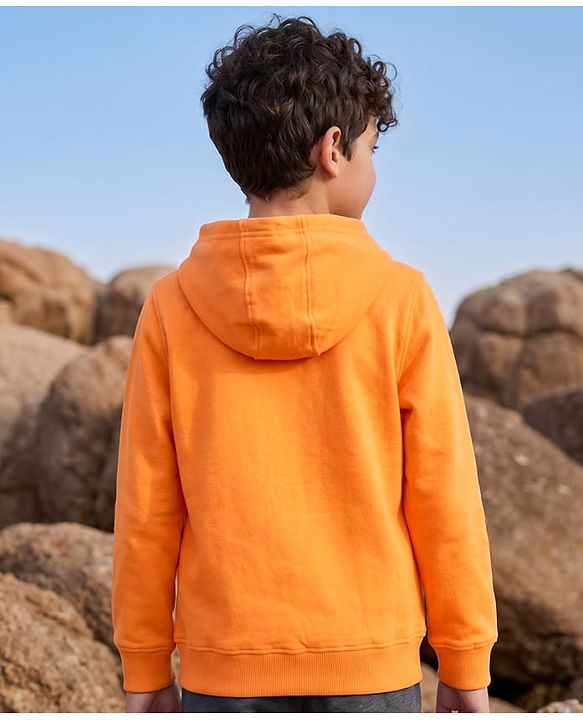 Pine Kids Cotton Knit Full Sleeves Hooded Sweatshirt With Tiger Print - Orange