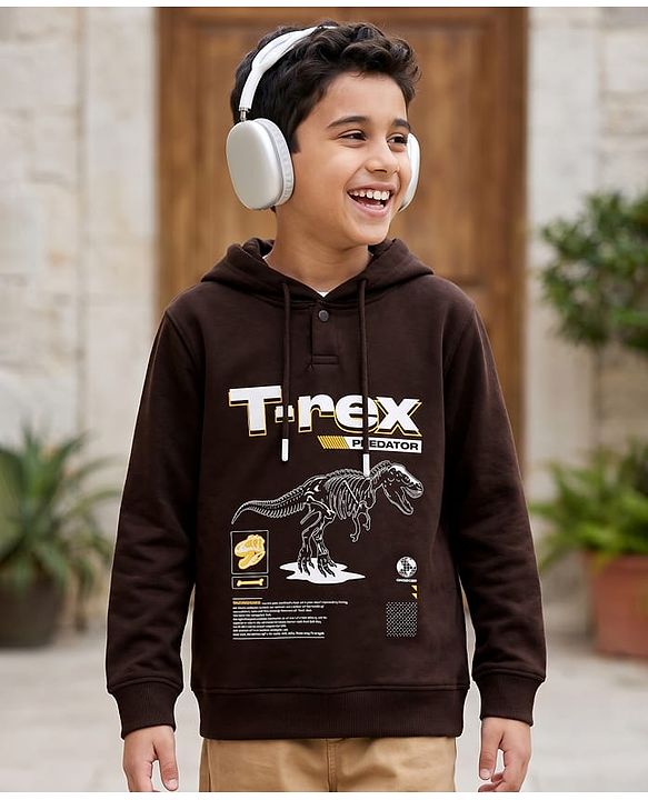 Pine Kids Cotton Knit Hooded Sweatshirt T-Rex Print Brown 4-5 Years