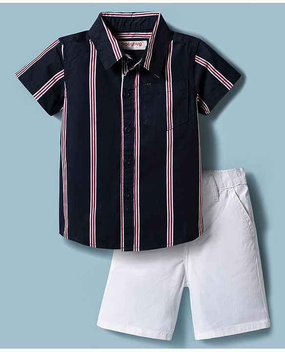 Babyhug 100% Cotton Woven Half Sleeves Striped Shirt & Shorts Set - Navy Blue & White