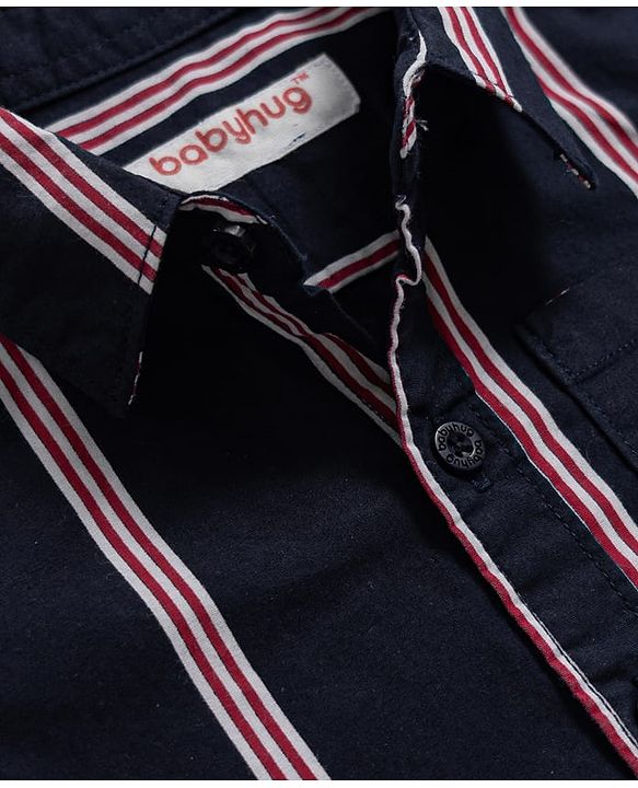 Babyhug 100% Cotton Woven Half Sleeves Striped Shirt & Shorts Set - Navy Blue & White