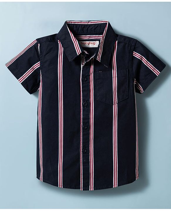 Babyhug 100% Cotton Woven Half Sleeves Striped Shirt & Shorts Set - Navy Blue & White