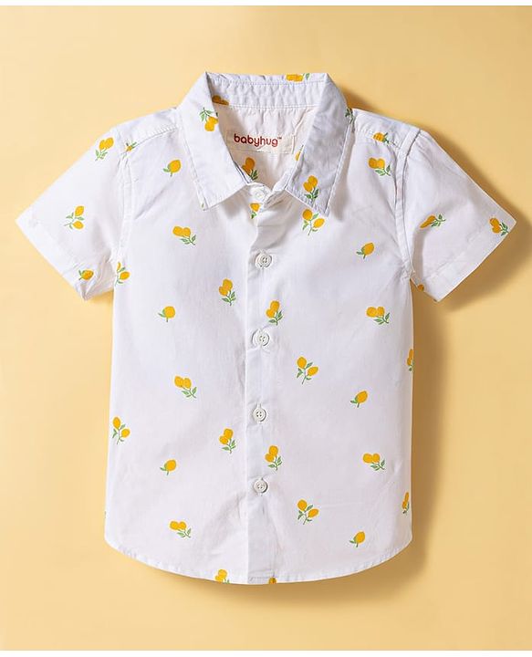 Babyhug Cotton Woven Half Sleeves Tropical Theme Printed Shirt & Shorts Set - White & Navy Blue