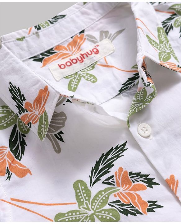 Babyhug Cotton Woven Half Sleeves Shirt & Denim Shorts Set With Floral Print - White & Blue