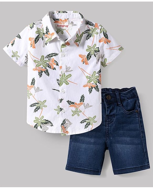 Babyhug Cotton Woven Half Sleeves Shirt & Denim Shorts Set With Floral Print - White & Blue
