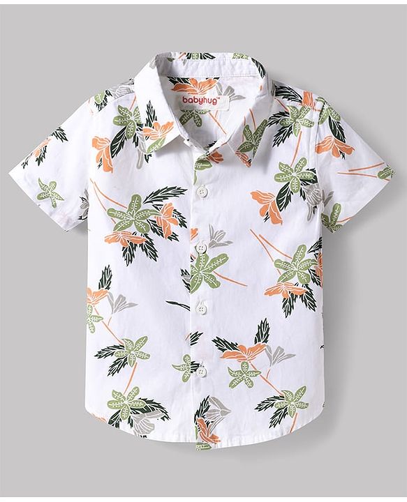 Babyhug Cotton Woven Half Sleeves Shirt & Denim Shorts Set With Floral Print - White & Blue